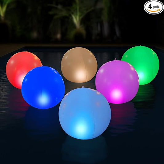 NAYUNA 4 Pack - Solar LED Floating Pool Lights - 14-Inch Inflatable Waterproof Decorative Balls with 16 Color-Changing Glow, Durable and Eco-Friendly for Pools, Patios, Gardens and Events