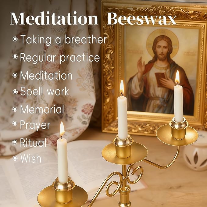 40Pcs 30 Minute Meditation Candles, White Mini Beeswax Taper Candles with Brass Candle Holders, Dripless Prayer Candles Gift for Yoga Relaxation (40, White)