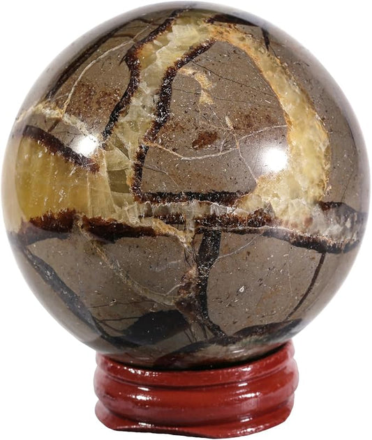 Nupuyai Natural Septarian Dragon Crystal Ball with Wooden Stand Healing Stone Sphere for Divination Fengshui Meditation Home Office Decor
