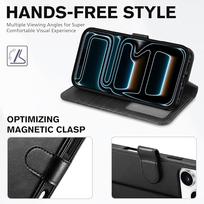 TUCCH Wallet Case for iPhone 17 Pro Max (6.9") 2025, Wrist Strap RFID Blocking 4 Card Slots, Kickstand, Shockproof TPU Shell, PU Leather, Magnetic Closure, Protective Flip Cover, Black