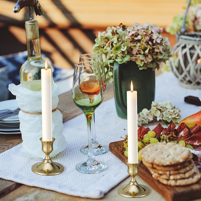Taper Candle Stick Holder, 12PCS Brass Gold Candle Holders for Candlesticks, Vintage Metal Candlestick Holders for Dinner Room Table Centerpiece or Mantel Wedding Party Decor (12, Gold)