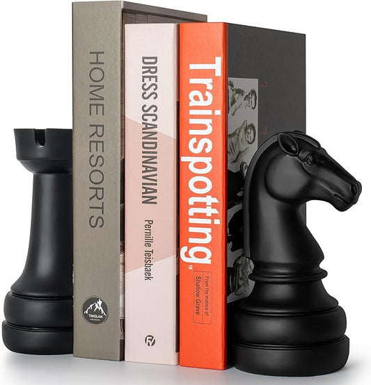 Chess Book Ends for Shelves – Elegant Decorative Bookends for Heavy Books, Office & Living Room Decor – Modern Shelf Organizer and Gift for Book Lovers (Matte Black, Arabian Mate)