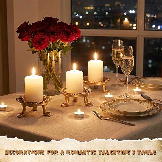 2 Pack Brass Color Candle Holder Pedestal Dish Stand Gold Vintage Tray Clawfoot Plate Decor for Jewelry Wax Ring Trinket