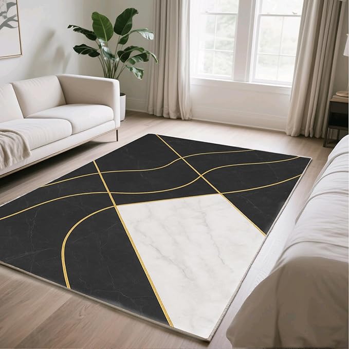 Geometric Marble Rug - 4x5 Rug, Abstract Lines Area Rugs, Luxury Marble Outdoor Rugs, Washable & Non Slip Carpet Home Decor