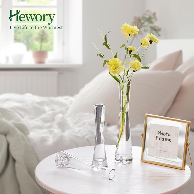 Hewory Glass Bud Vases for Centerpieces Set of 3, Handmade Modern Clear Small Skinny Decorative Single Flower Vase, Minimalist Slim Floral Vase for Home Wedding Party Events Table Decor, 9.64"