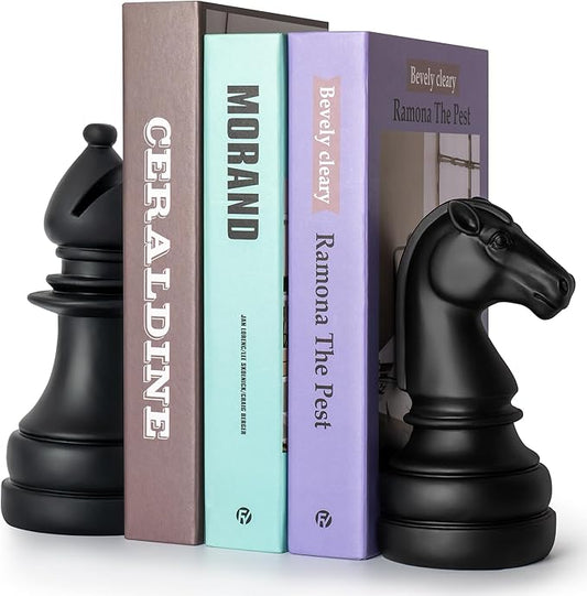 Chess Book Ends for Shelves – Elegant Decorative Bookends for Heavy Books, Office & Living Room Decor – Modern Shelf Organizer and Gift for Book Lovers by ROOKMATE (Matte Black, Légal’s Mate)