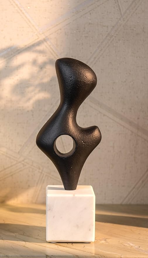 Cruiser’s Caché Modern Abstract Sculpture, Artisan-Made Cast Aluminum with Black Anthracite Finish, Natural Marble Base, 11.75"