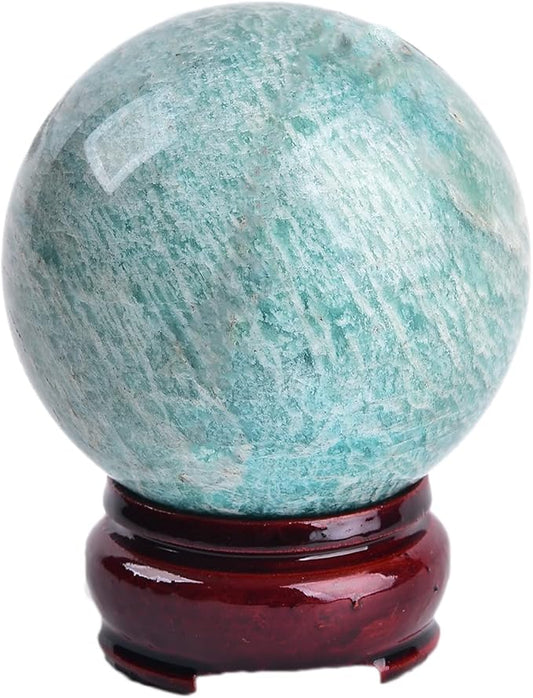 JIC Gem Amazonite Crystal Ball Sphere with Wood Stand Blue Gemstone Sphere Healing Crystal Balls for Reiki Chakra Decoration Fengshui (90-100mm)