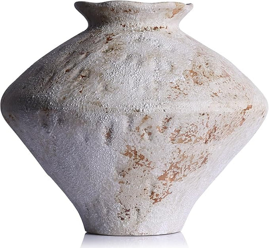Wabi Sabi Rusty Vintage Vase, 11.4" Tall Wabi Sabi Decor Rustic Farmhouse Pottery Vase for Centerpiece, Textured Pottery Flower Vases for Home Decorative, Table, Living Room (Rusty White, Large)