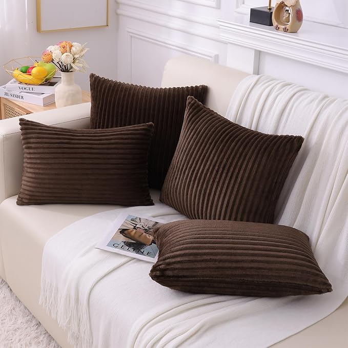 Simmore Decorative Spring Throw Pillow Covers 20x20 Set of 2, Soft Natural Plush Flannel Double-Sided Fluffy Couch Pillow Covers for Sofa Living Room, Brown