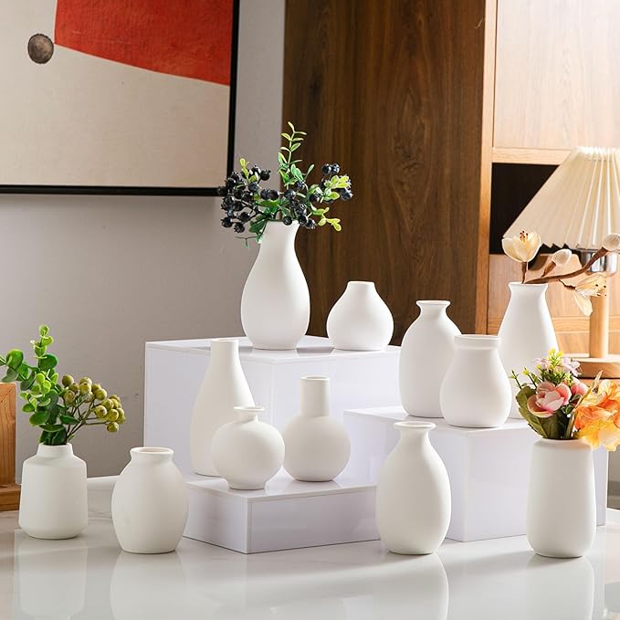 White Bud Vases, Ceramic Small Vase Set of 12, Mini Vases for Fresh and Dried Flowers, Modern Home Decor, Pottery Table Centerpiece