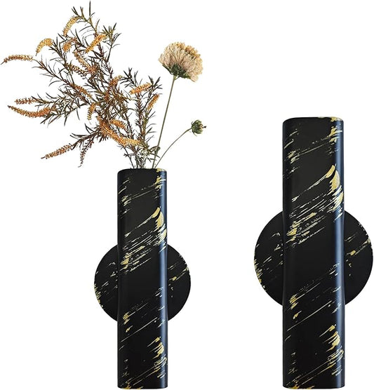 7" Wall-Mounted Flower Tube, Top/Bottom Open Vase Tube, Wall Metal Flower Tube Decoration Holder for Flower Display with Sticker, 2pcs(Black Gold)