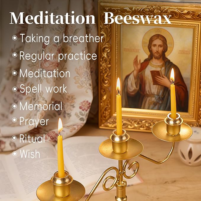 70Pcs Beeswax Candles 30 Minute Meditation Candles, Mini Taper Candles with Brass Candle Holders, Prayer Candle Gift for Yoga Relaxation Ritual Chime