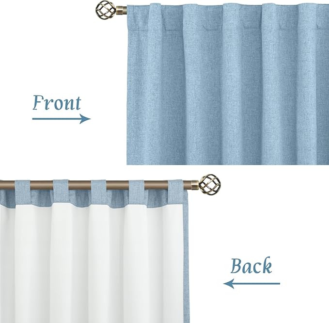 LAMIT Linen Full Blackout Window Curtains for Bedroom, 54 Inches Thermal Farmhouse Curtains Back Tab and Rod Pocket Privacy Protected Burlap Panels with White Liner, 2 Panels, 38 x 54 Inch, Stone Blue