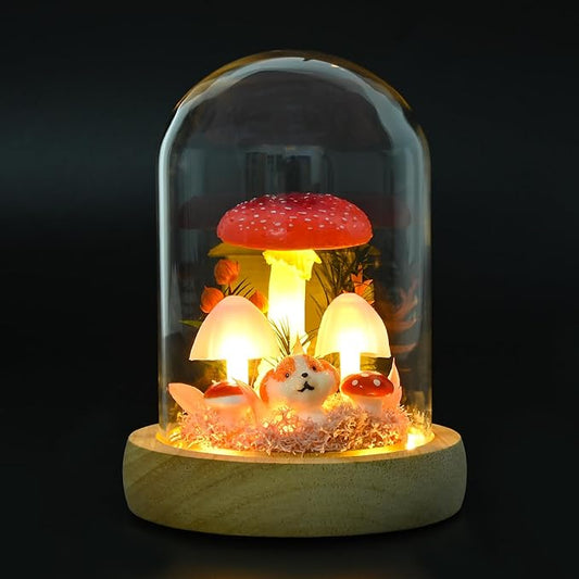 QUELIEN Christmas Mushroom Lamp in Glass Dome,Mushroom Gifts for Women - Warm White LED Night Light for Bedroom Decor,Unique Gifts for Women, Housewarming Birthday Decorations（Red）