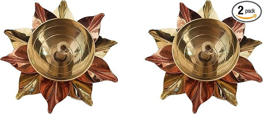 athizay Brass Diyas Pack of 2 for Pooja Virgin Brass Indian Diya Set Oil lamp Sets for Gifting Home Decor Lotus Vilakku (Kamaldeep Set)