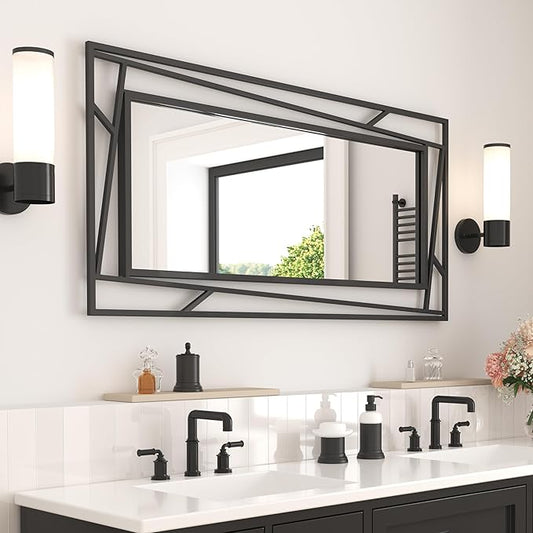 Rectangular Wall Mirror, 45''X30'' Matte Black Metal Framed Farmhouse Bathroom Mirrors for Bedroom Entryway Living Room, Hang Horizontally or Vertically