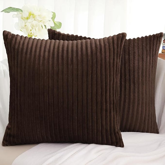 Simmore Decorative Spring Throw Pillow Covers 20x20 Set of 2, Soft Natural Plush Flannel Double-Sided Fluffy Couch Pillow Covers for Sofa Living Room, Brown