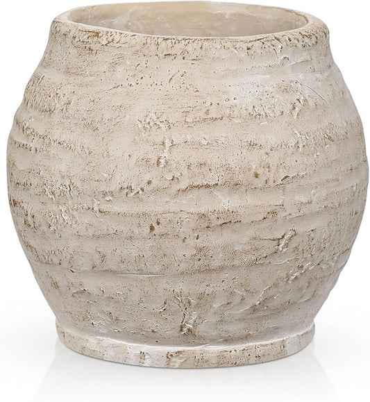 Briful 5'' Ceramic Rustic Vase Shabby Vintage Textured Vases, 3.5'' Wide Mouth Pampas Jar Vase Pottery for Fake Flowers Branches, Farmhouse Home Décor, Weddings Shelf Table Decor, Cream White