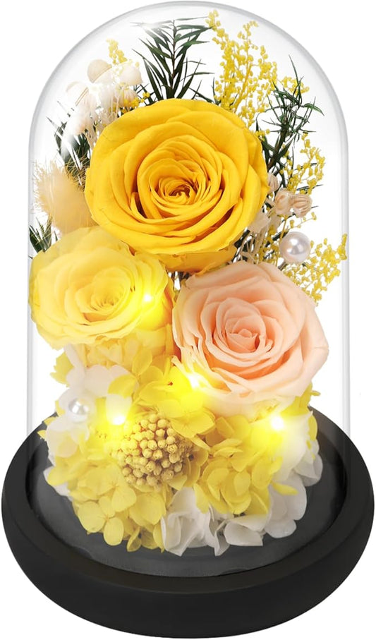 Preserved Roses Flowers for Delivery, Yellow Forever Flores in Glass Dome for Women Mom Wife Girlfriend Grandma, Eternal Rose Anniversary Birthday Gift for Mothers Day Valentines Christmas