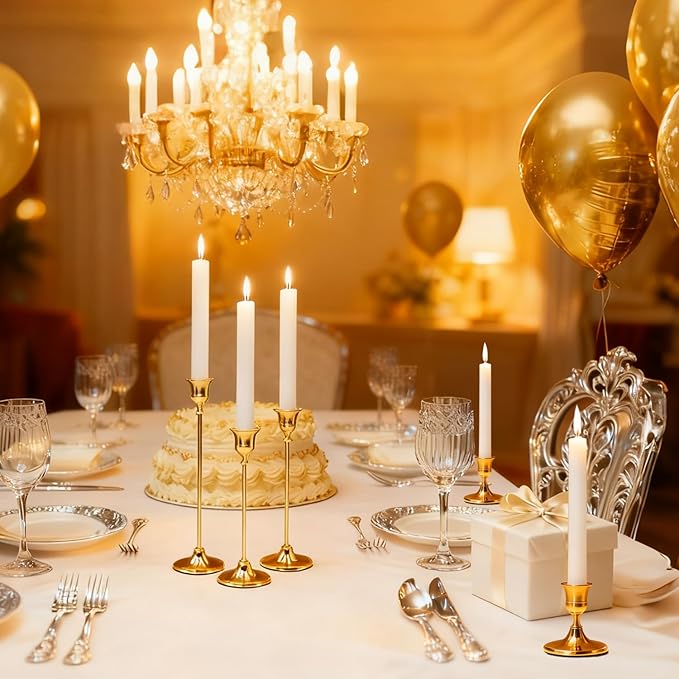 Candlestick Holders Taper Candle Holders, Gold Vintage Candle Holder for Pillar Candles Table Centerpiece, Wedding Reception, Festive Christmas Mantel Decoration or Home Decor, Set of 8