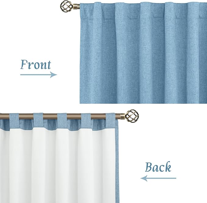 LAMIT 100% Blackout Linen Curtains, 72 Inches Linen Textured Thermal Bedroom Curtains Back Tab and Rod Pocket Neutral Panels with White Liner for Boys' Room, 2 Panels, 52 x 72 Inch, Blue