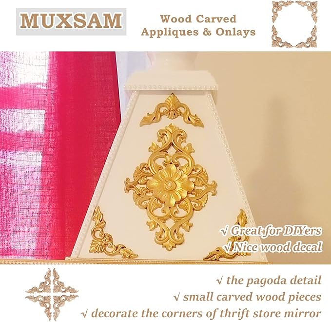 MUXSAM 4Pcs Wood Carved Appliques Onlays, Unpainted Little Wooden Corners Flower Carvings Decals for Mirrors Cabinets Walls Doors Chests Dressers Night Stand DIY Artwork Project, 15x15cm/5.9"x5.9"