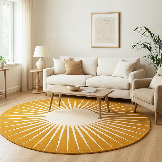 Modern Round Area Rug – Hand-Tufted with 100% NZ Wool, Thick & Soft Circular Carpet for Living Room, Bedroom & Dining Room Decor (Mustard, 7' Round)