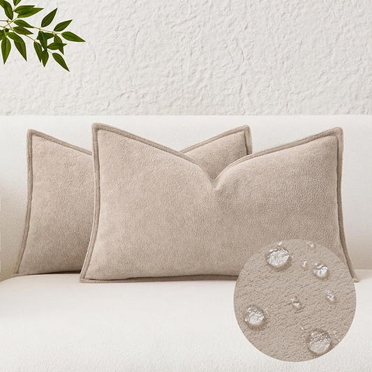 Kevin Textile Waterproof Decorative Pillow Covers Khaki 12x20 Inch Pack of 2 Soft Boucle Textured Lumbars Cushions Elegant Accent Pillows for Couch Sofa Chair Bed Home Decor Indoor Outdoor