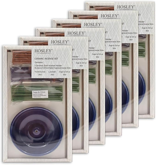 Hosley Incense Gift Set 6-Pack - Includes 60 Incense Sticks & Ceramic Holder - Ideal Bathroom Set for Meditation, Spa, or Relaxing Atmosphere