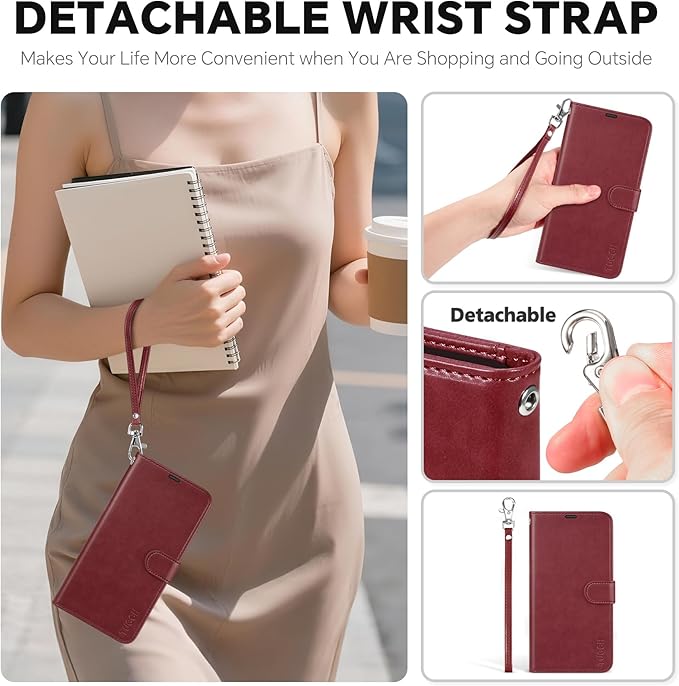 TUCCH Detachable Case Wallet for iPhone 17 (6.3") 2025, Wrist Strap | 4 Card Holders RFID Blocking | Wireless Charging | Stand | 2-in-1 Magnetic | PU Leather | Shockproof Folio Cover | Dark Red