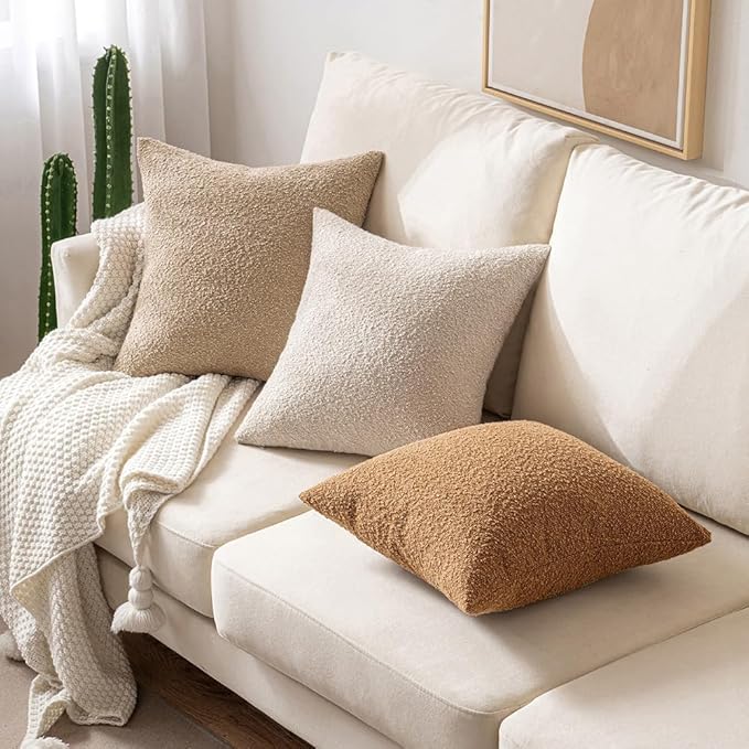 MIULEE 16x16 Inch Decorative Pillow Covers for Couch Bed Set of 2 Textured Boucle Neutral Winter Throw Pillows Oatmeal Accent Solid Cushion Pillowcases Sofa Livingroom Home Decor