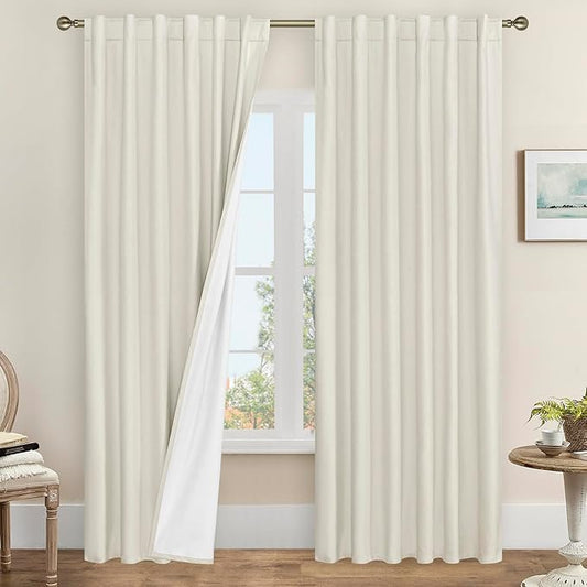 LAMIT 100% Blackout Curtains for Living Room, 95 Inch Linen Textured Thermal Insulated Bedroom Curtains Back Tab and Rod Pocket Farmhouse Neutral Panels with White Liner, 2 Panels, 52 x 95 Inch, Ivory
