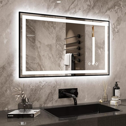 LED Mirror, 40x24 Inch Black Framed Gradient Front and Backlit Lighted Vanity Mirror, 3 Colors Dimmable CRI>90, IP54 Enhanced Anti-Fog Wall Mounted LED Bathroom Mirror
