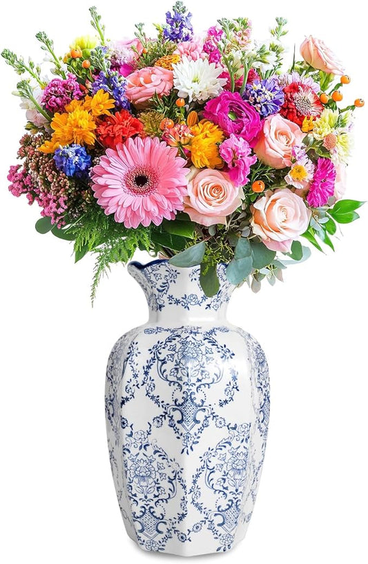 Chinoiserie Vase,9.5 inch Blue and White Vase,Vintage Ceramic Vases,Flower Vase for Centerpiece,Chinese Cute Vases for Living Room, Office,Home Decor (Blue White, Large)