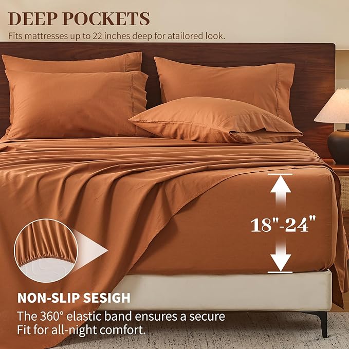 MEISHANG 100% French Pure Linen Sheets California King Size - Extra Deep Pocket Sheet Set, Soft Durable Flax Linen, Anti-Tear Breathable & Oeko-Tex Certified 18-24 Deep Pocket,All Season(Brown)