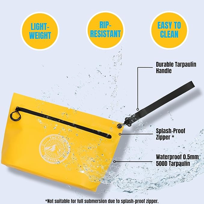 Tactiko 3L Water Resistant Pouch - Waterproof Material w/Splashproof Zipper - Hold All Zipper Bag for Storage, Toiletries, Travel, Beach, Cruise, Home (Yellow)
