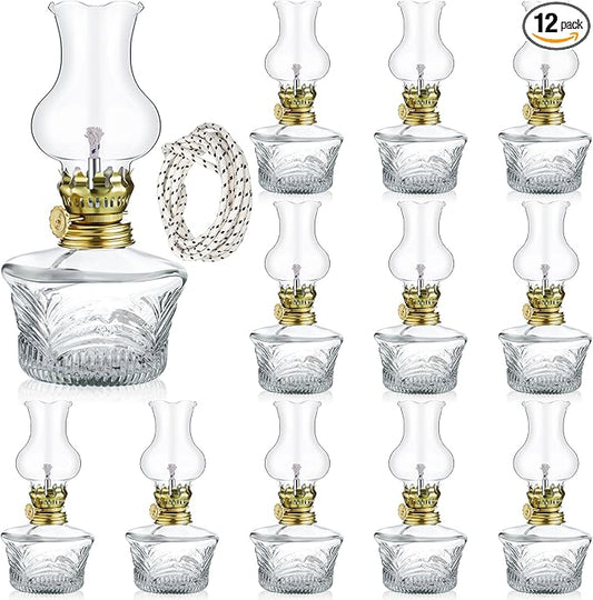 Yexiya 12 Pcs Chamber Oil Lamps Oil Lamp Vintage Glass Kerosene Lamp Bulk with Adjustable Fire Wick Rustic Clear Hurricane with 6.6 ft Extra Wick for Indoor Use Home Decor 8 Inch (Line Style)