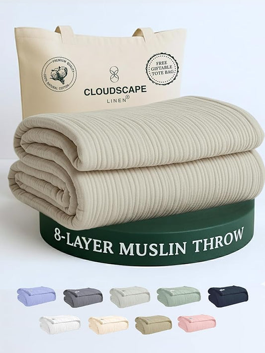 Cloud Scape Linen Extra Large 8 Layer Muslin Throw Blanket - 100% Cotton Gauze, Soft and Breathable, Winter Blanket for Couch, Sofa and Bed, Idea, 50x70, Fog