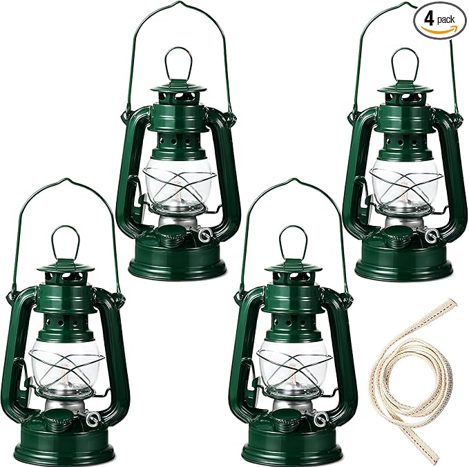 Honoson 4 Pieces Oil Lamp Hurricane Lamp Kerosene Lantern for Indoor Outdoors Decorative Hanging Oil Lantern with Wick for Hiking Emergency Camping Party Decoration(Green,8 Inch)