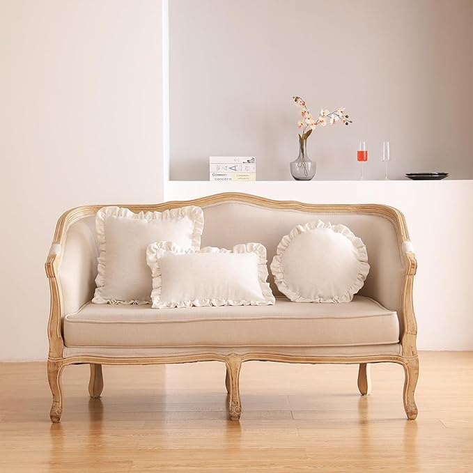 ISAENNE Classic Ivory White Round Throw Pillow Cover Diameter 16", Solid Color Farmhouse Linen Cotton Decoration Pillow Cover with Ruffles, Sturdy Throw Pillowcase for Couch Sofa Bed Living Room