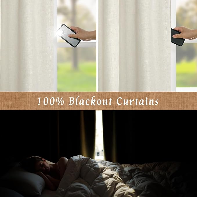 LAMIT Ivory 100% Blackout Polyester Curtains 84 Inches Long, Polyester Living Room Farmhouse Curtains Full Room Darkening Back Tab and Rod Pocket Panels with White Liner, 2 Panels, 38 x 84 Inch