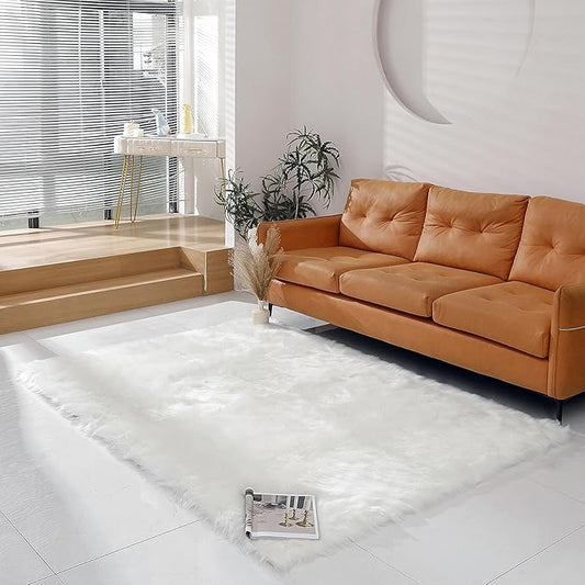 Faux Fur Rug Sheepskin Shag Fluffy Fuzzy 5x7 ft White Rugs for Bedroom Bedside Bed Floor Living Room Plush Rectangle High-Density Cushion Carpet Super Sofa Cover