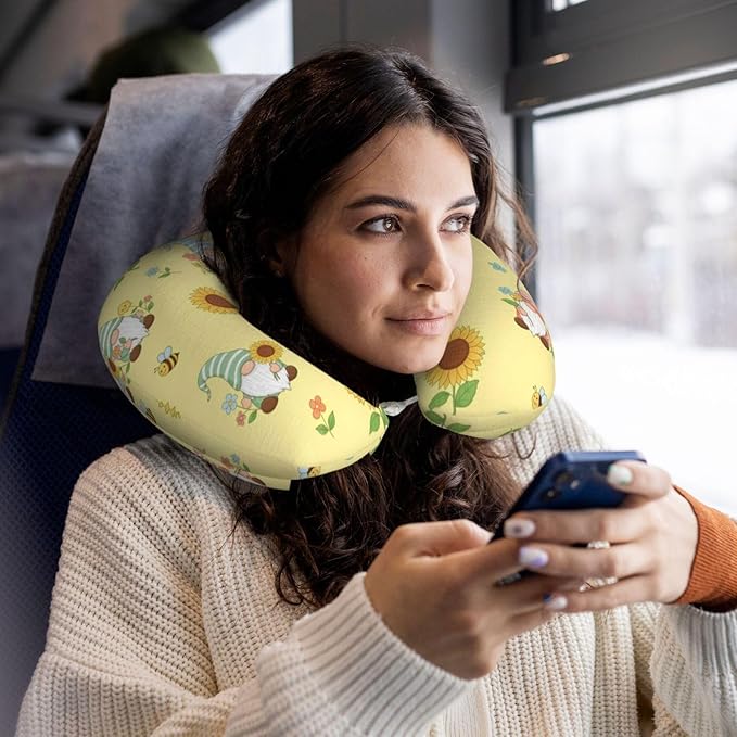 Funny Neck Pillow Support for Car Flight Rest Honey Bees Cute Gnome Sunflower Floral, Memory Foam U Shaped Decor Head Cushion for Home Outdoors Travel