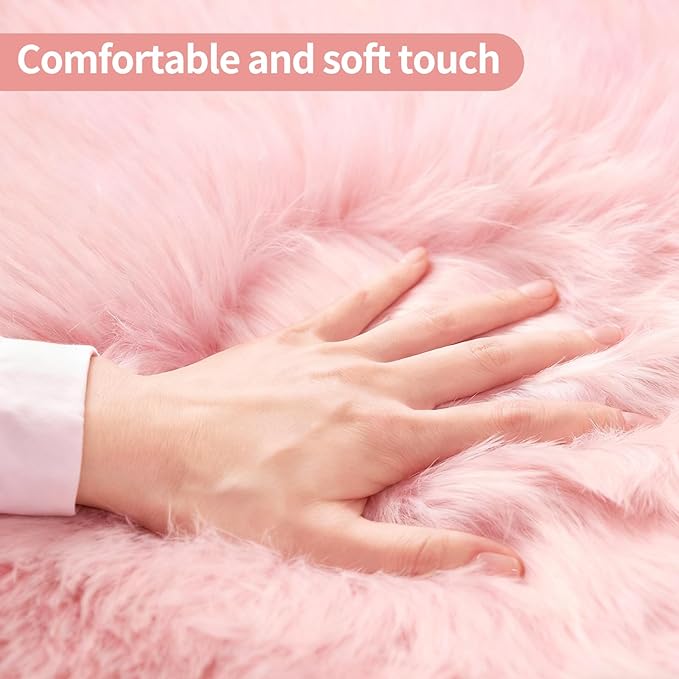 Pink Samll Faux Fur Sheepskin Area Rug for Living Room Bedroom, 2 x 3 Feet Ultra Soft Shaggy Fuzzy Furry Carpet Chair Throw Rugs for Kids, Girls, Nursery Room Decor Dorms