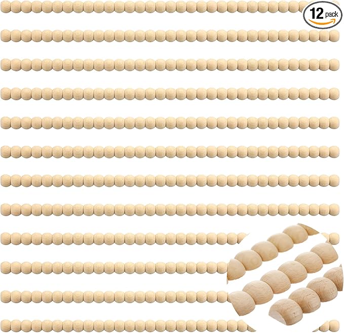 Nuanchu 12 Pcs Decorative Beaded Wood Trim Molding Half Wooden Beads Bobbin Trims 15.75 Inch Unfinished 3D Pearl Paintable Wood Molding for DIY Crafts Home Wall Cabinet Shelf Window Door (11 mm)