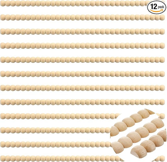 Nuanchu 12 Pcs Decorative Beaded Wood Trim Molding Half Wooden Beads Bobbin Trims 15.75 Inch Unfinished 3D Pearl Paintable Wood Molding for DIY Crafts Home Wall Cabinet Shelf Window Door (11 mm)