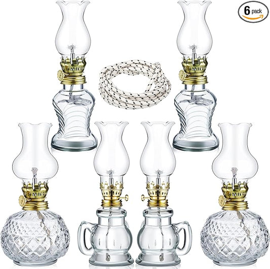 Yexiya 6 Pcs Chamber Oil Lamps Oil Lamp Vintage Glass Kerosene Lamp Bulk with Adjustable Fire Wick Rustic Clear Hurricane with 6.6 ft Extra Wick for Indoor Use Home Decor 8 Inch (Delicate)