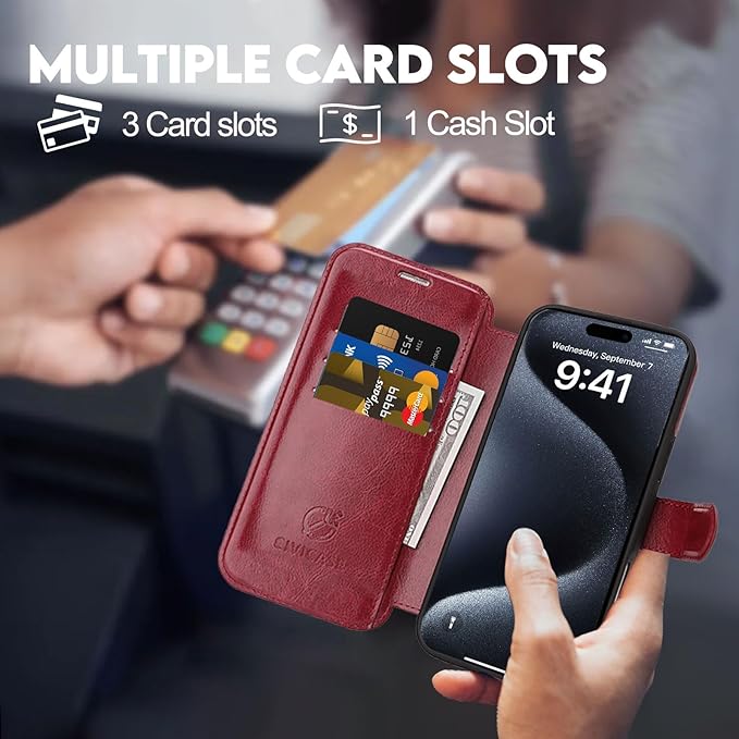CIVICASE for iPhone 16 Pro Max Wallet Case with Stand,PU Leather Flip Credit Card Holder Slots (RFID Blocking),Compatible with Magsafe Magnetic Holder Phone Cover Women Men,Wine Red