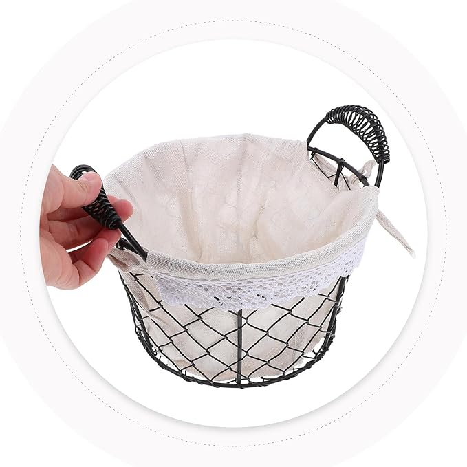 Wire Storage Basket with Handle and Fabric Liner Rustic Metal Bread and Fruit Basket for Kitchen Pantry Organization for Serving and Storage